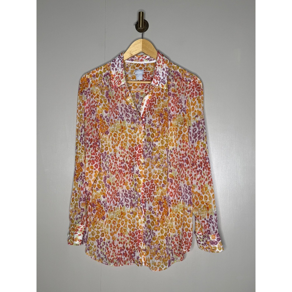 Chico's‎ Abstract Animal Print Button Down Blouse Multicolor Semi Sheer